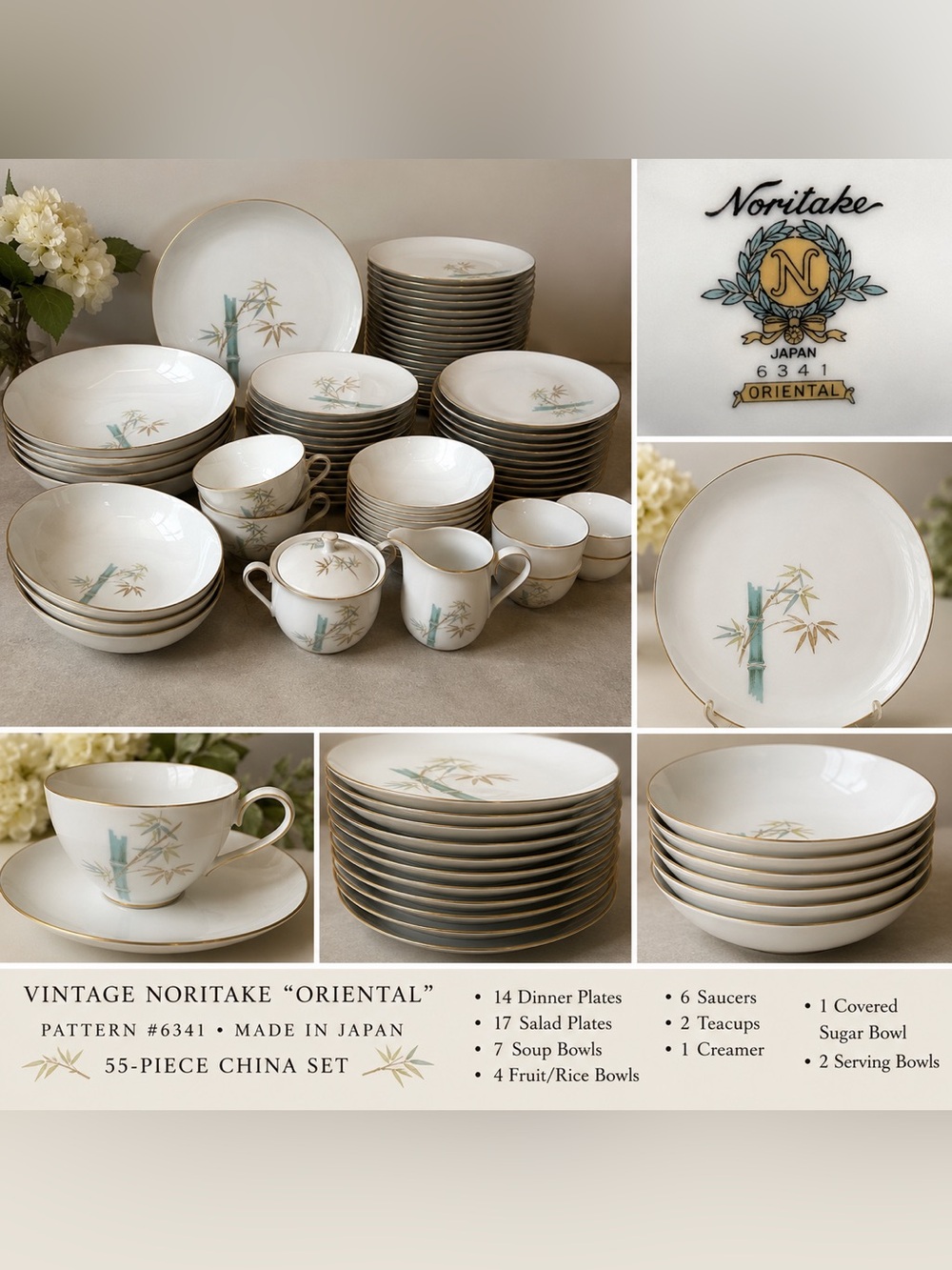 Vintage Noritake Oriental 6341 Japan 55-Piece China Set Bamboo Gold Trim dinner